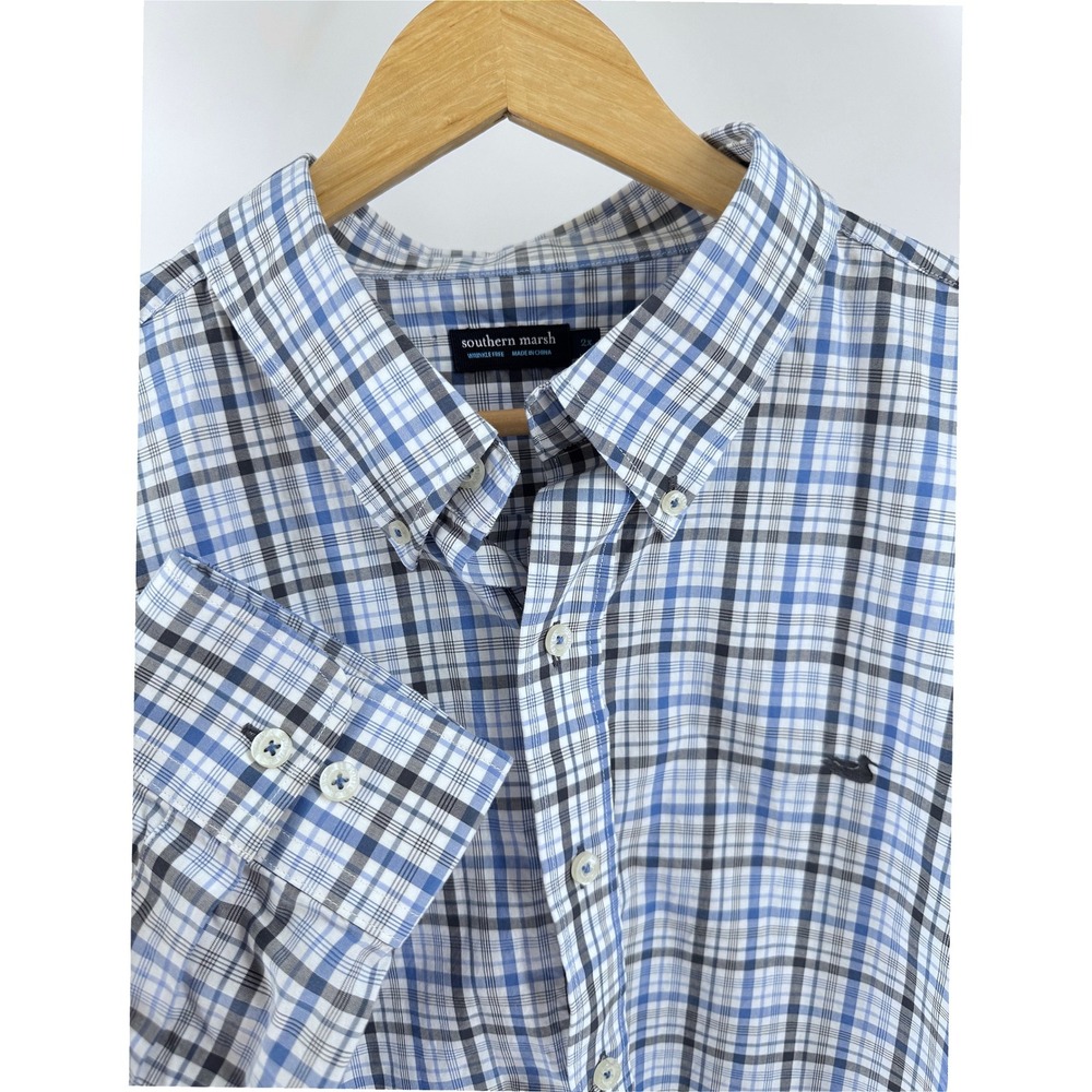 Southern Marsh Button Down Shirt Mens‎ 2X Blue Plaid Cotton Casual Coastal